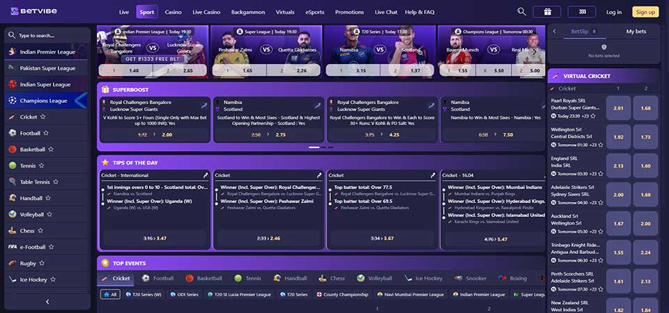 Screenshot of the Betvibe sport page