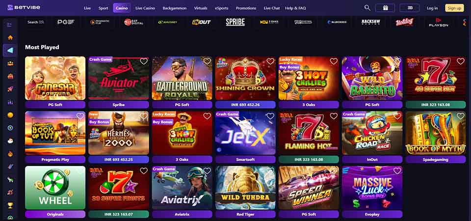 Screenshot of the Betvibe casino page
