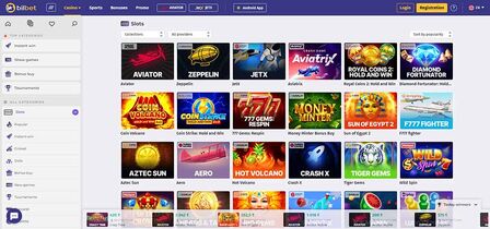 Screenshot of the Bilbet casino page