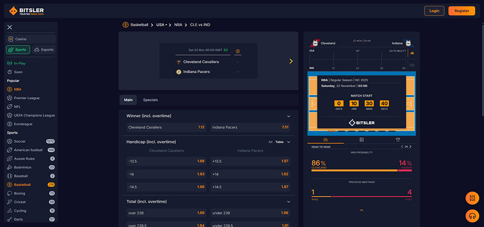 Screenshot of the Bitsler sport page