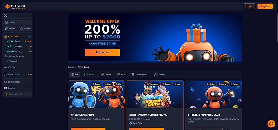 Screenshot of the Bitsler promo page