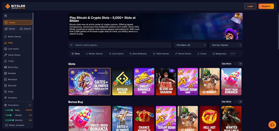 Screenshot  of the Bitsler casino page