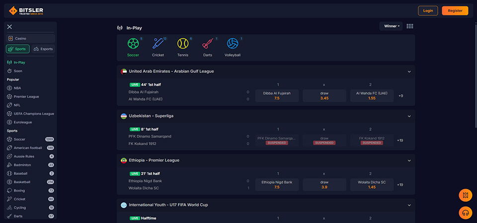 Screenhsot of the Bitsler live page