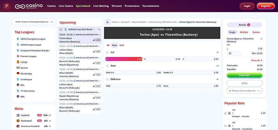 Screenshot of the Casino Infinity sport page