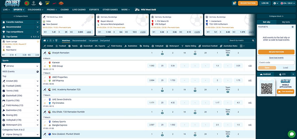 Screenshot of the Coldbet sport page