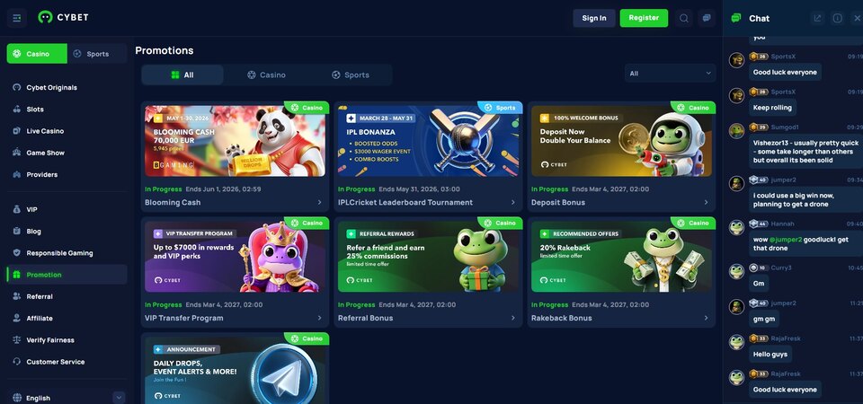 Screenshot of promotions at Cybet