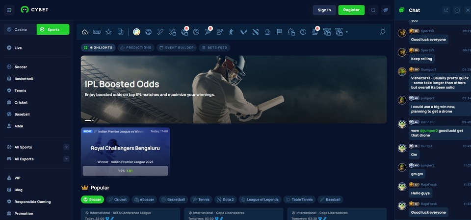 Screenshot of sports betting at Cybet