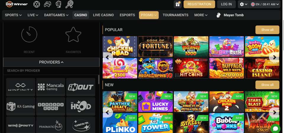 Screenshot of the DartWinner casino page