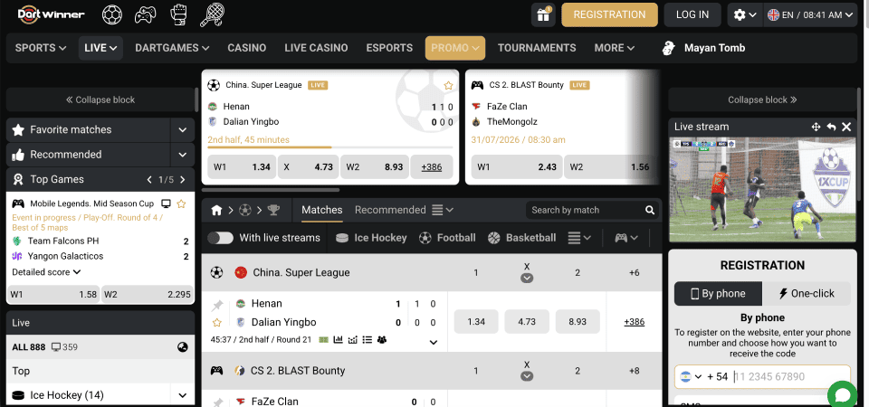 Screenshot of the DartWinner sport page