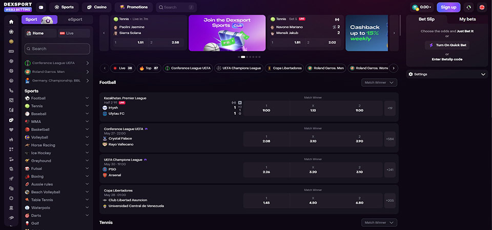 Screenshot of the Dexsport sport page