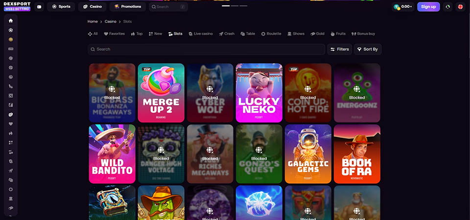 Screenshot of the Dexsport casino page