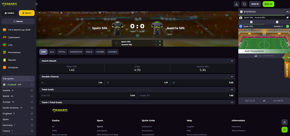 Screenshot of the Drakaris sport page