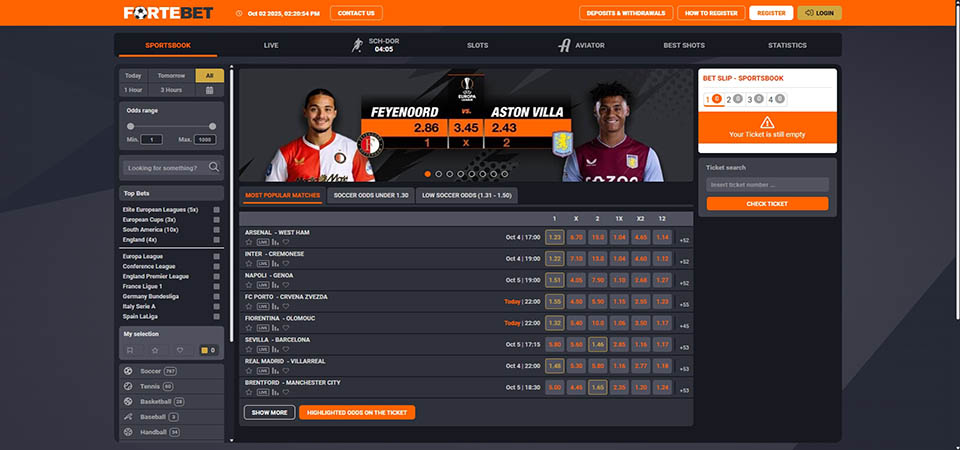 Screenshot of the Fortebet sport page