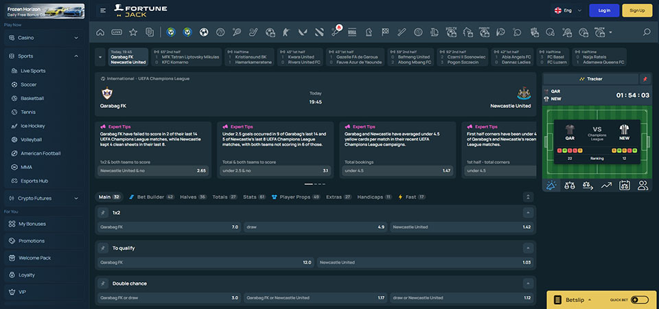 Screenshot of the FortuneJack sport page