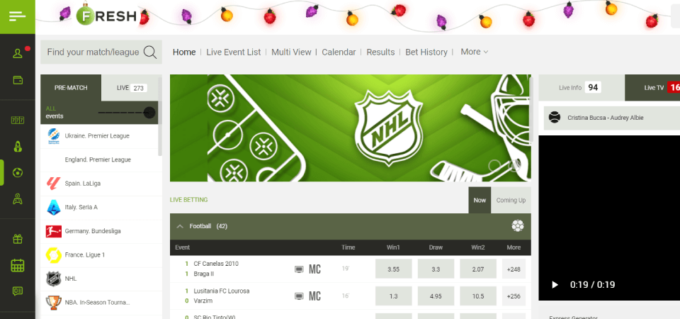 Screenshot of the Fresh Casino sport page