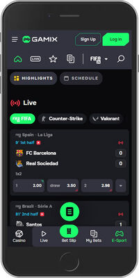 Mobile screenshot of the Gamix sport page