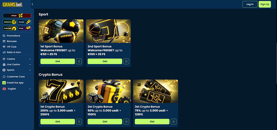Screenshot of the Grams.bet promo page
