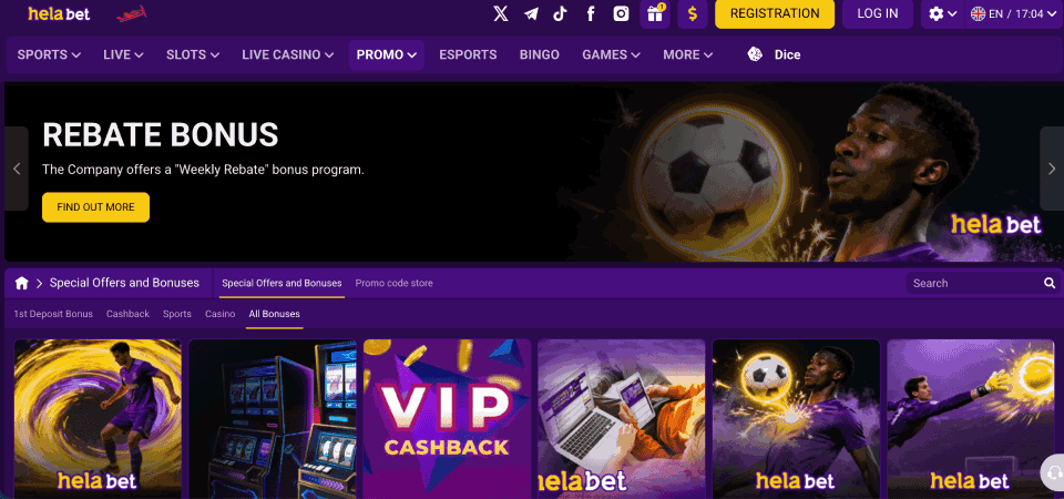Screenshot of the Helabet promo page