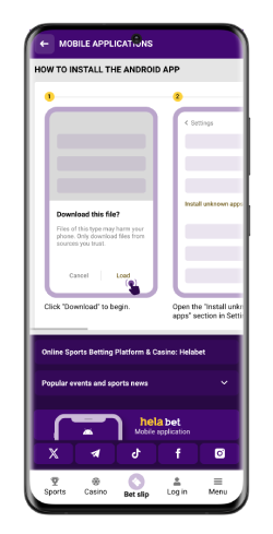 The mobile screenshot how to install Android apk for Helabet