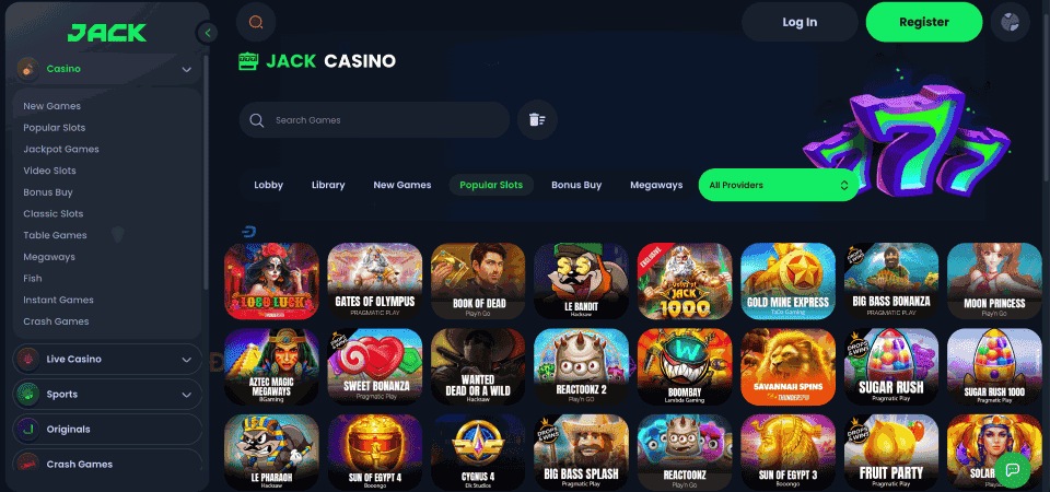 Screenshot of the Jack casino page