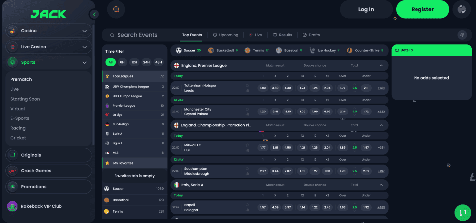 Screenshot of the Jack sport page