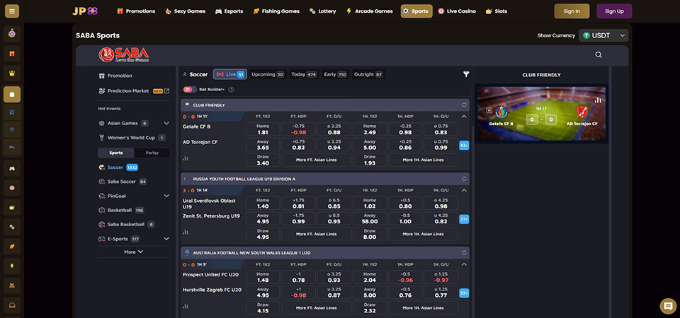 Screenshot of the Jackpot88 sport page