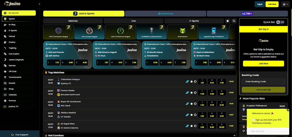 Screenshot of the Jasino sport page