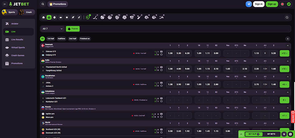Screenshot of the Jetbet sport page