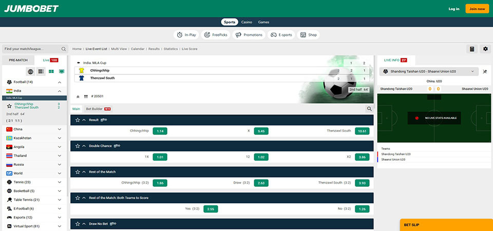 Screenshot of the JumboBet sport page