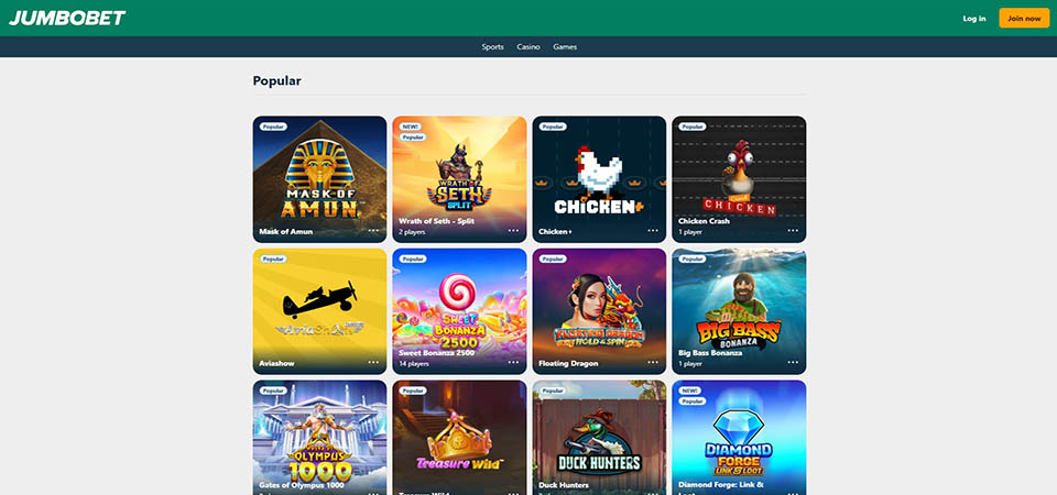 Screenshot of the JumboBet casino page