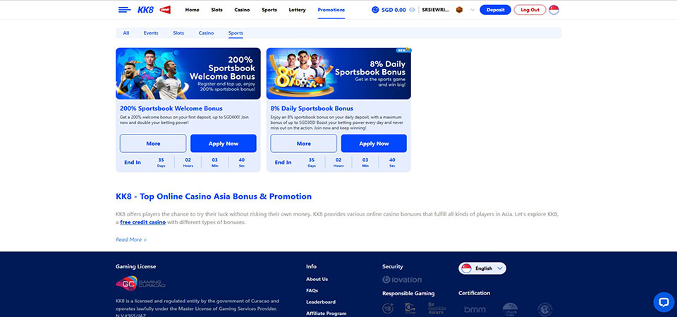 Screenshot of the KK8 bonus page