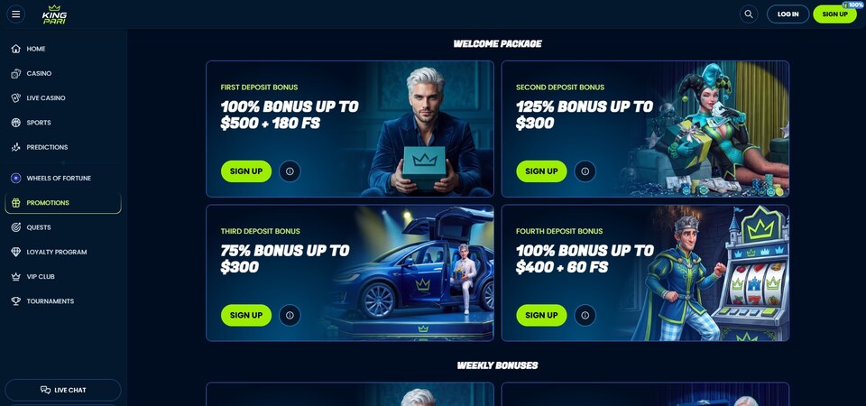 Screenshot of promotions at KingPari