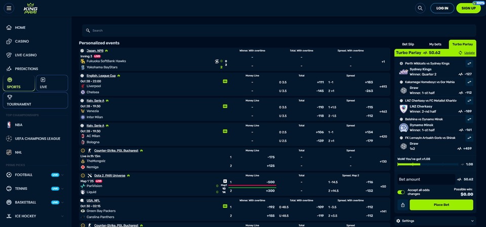 Screenshot of sports at KingPari