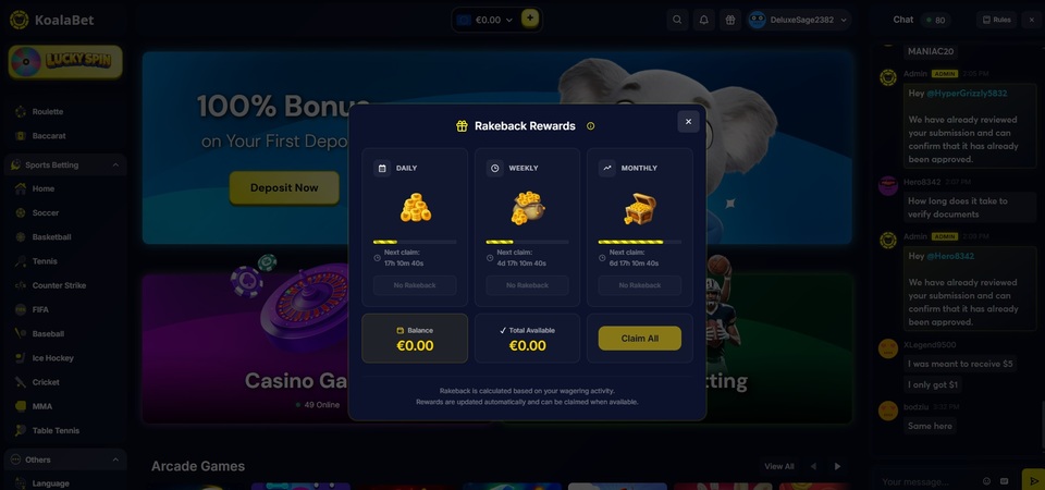 Screenshot of promotions page at KoalaBet