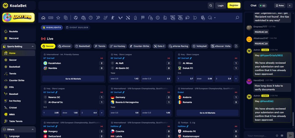 Screenshot of sports page at KoalaBet