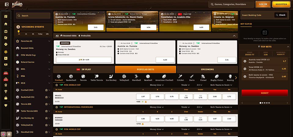 Screenshot of the Lizaro sport page
