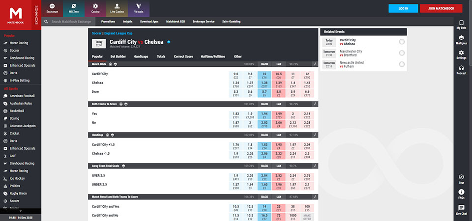 Screenshot of the Matchbook sport page