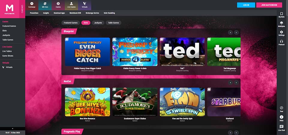 Screenshot of the Matchbook casino page