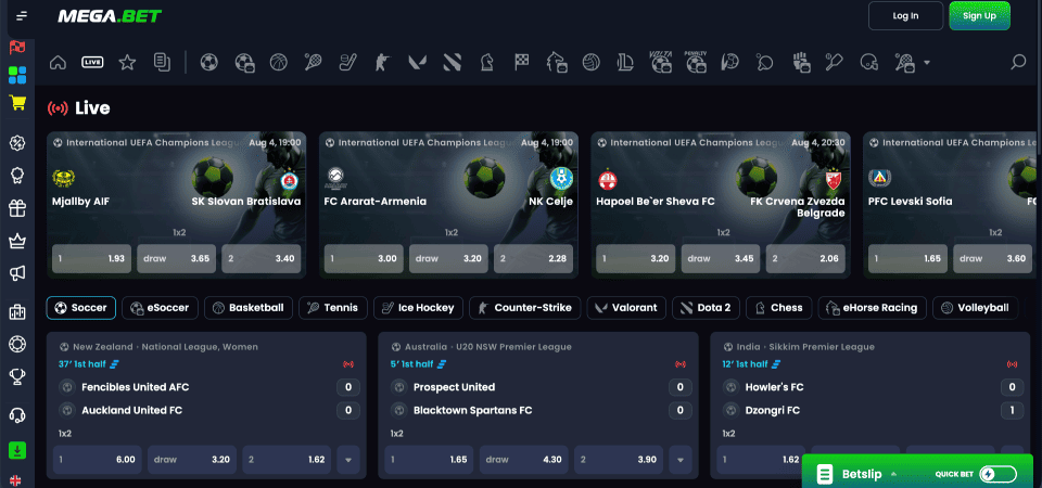 Screenshot of the MegaBet sport page