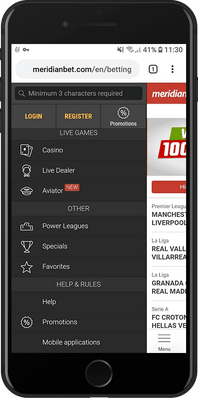 meridianbet mobile menu