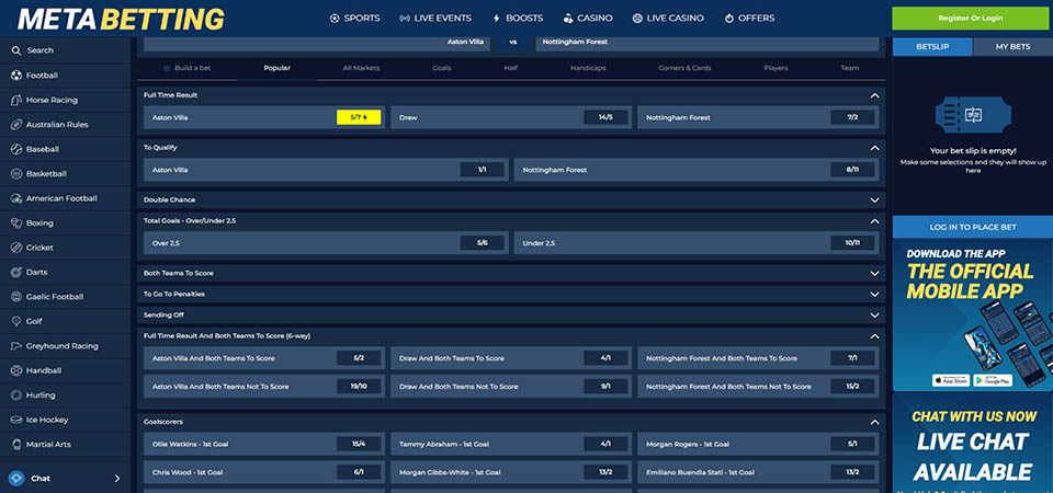 Screenshot of the Meta Betting sport page