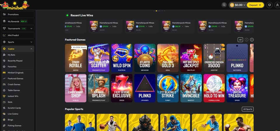 Screnshot of casino page at Minibet