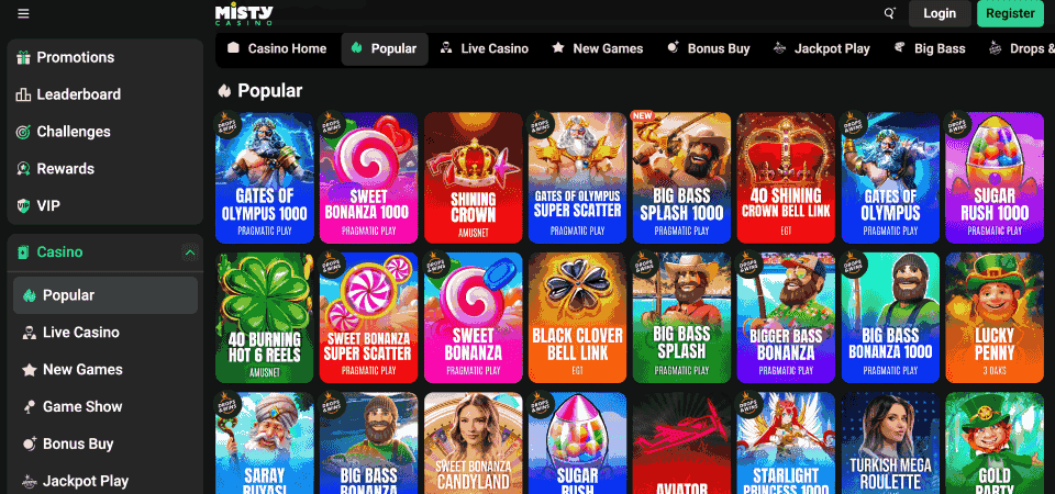 Screenshot of the Misty Casino page