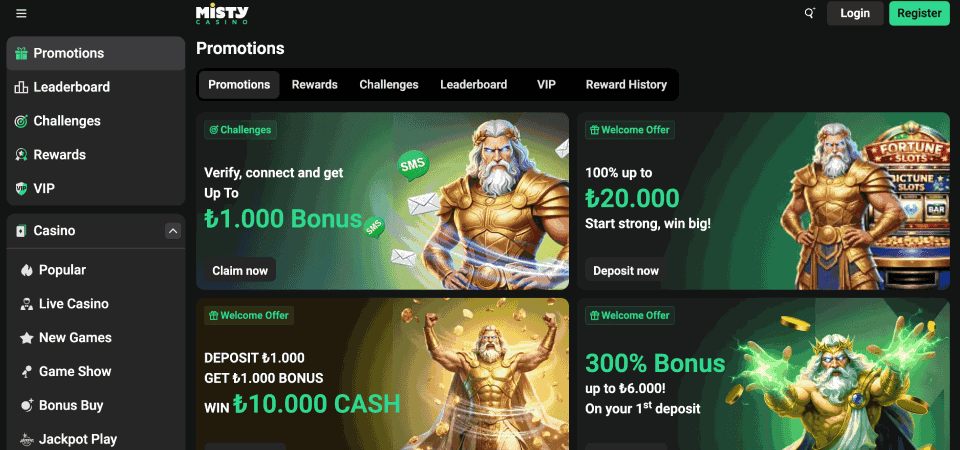 Screenshot of the Misty Casino promo page