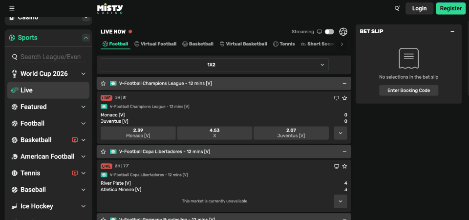 Screenshot of the Misty Casino sport page