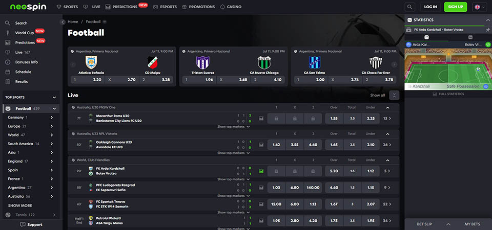 Screenshot of the Neospin sport page
