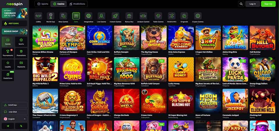 Screenshot of the Neospin casino page