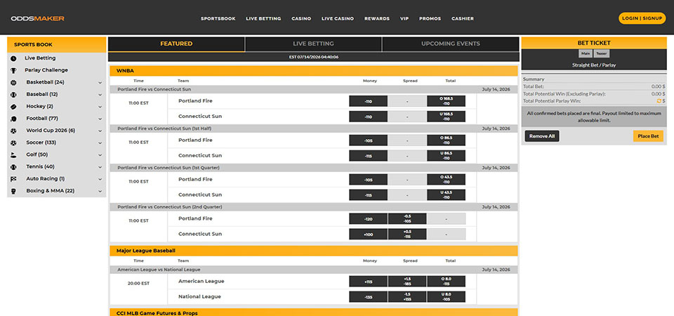 Screenshot of the OddsMaker.ag sport page