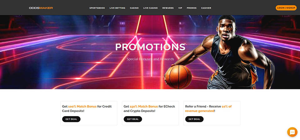 Screenshot of the OddsMaker.ag promo page