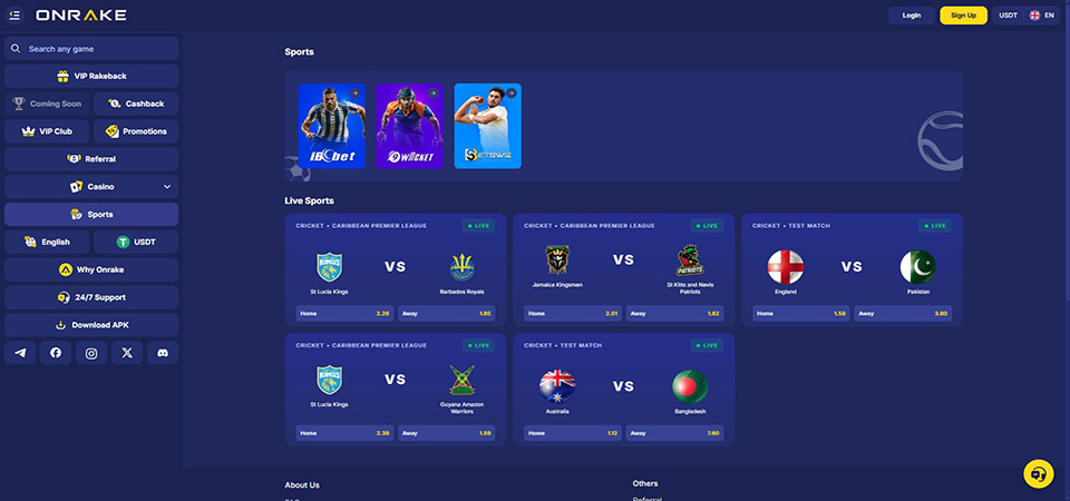 Screenshot of the OnRake sport page